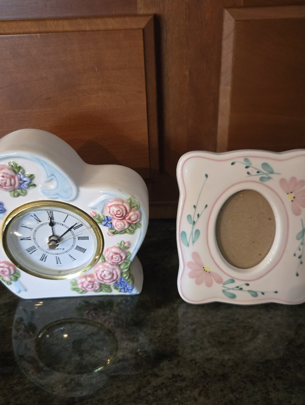 Vintage Porcelain Heart Shape Rose Clock & Picture Frame Set Cottagecore